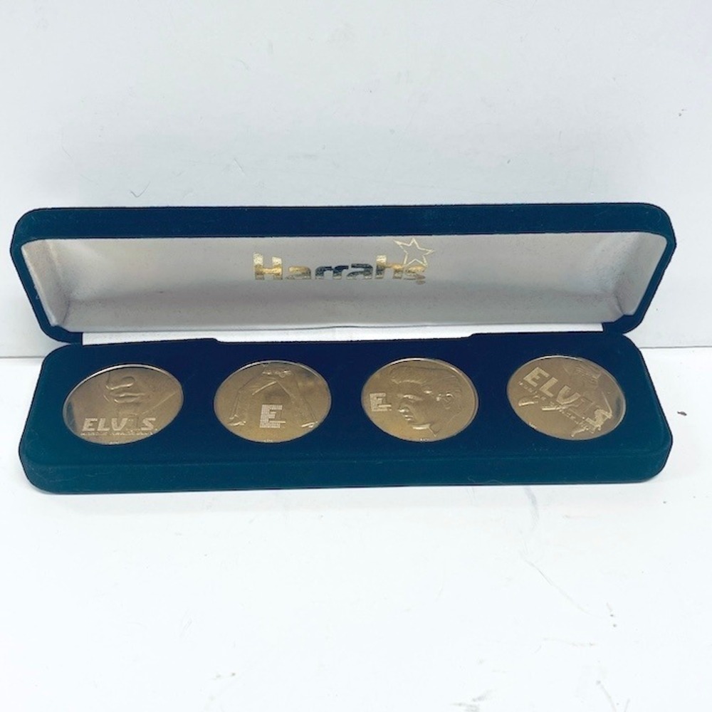 Vintage Harrah's Casino Elvis Presley 4-Coin Commemorative Set - Velvet Box Case